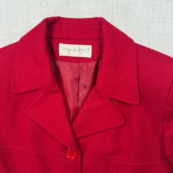 Vintage Sandro Red Wool Blazer Classic Button Front Notched Lapel Size 8 - Picture 10 of 11